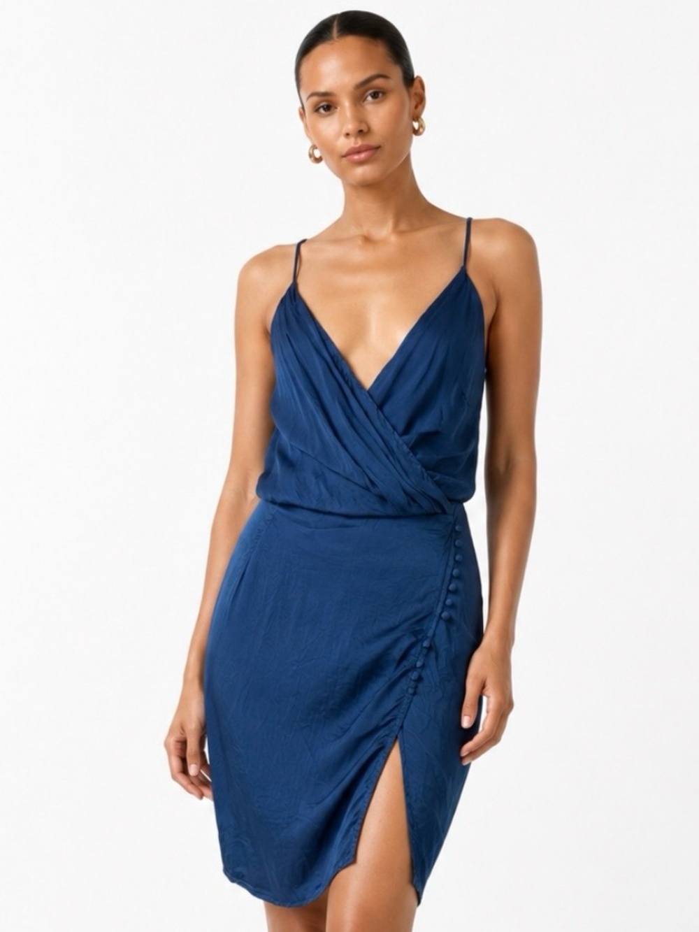 YOUNG FABULOUS & BROKE Satin-Look Royal Blue Wrap Slip Dress Size Medium